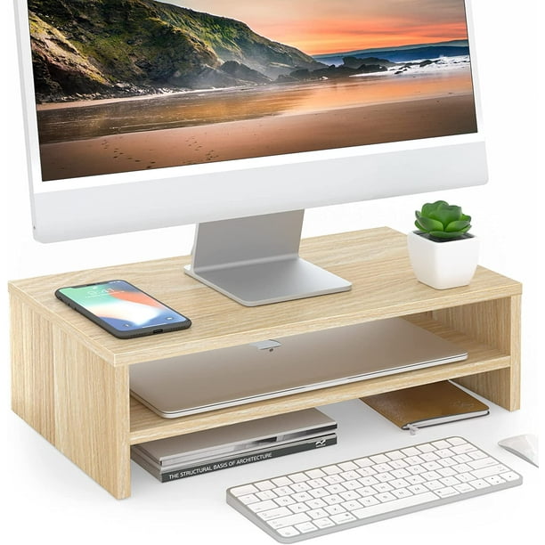 Support de moniteur FITUEYES - Support de moniteur d'ordinateur à 2 niveaux  avec étagère de 16,7 pouces, support de bureau en bois pour ordinateur  portable 