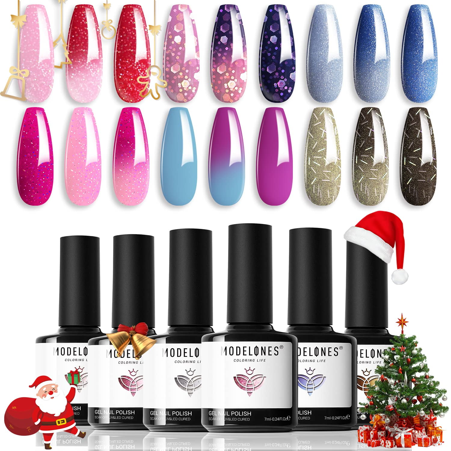 MODELONES Mood Gel Nail Polish Set Temperature Color Changing Gel Colors  Collection Red Blue Glitter Gel Polish Soak Off 6 Colors Christmas Gifts  New