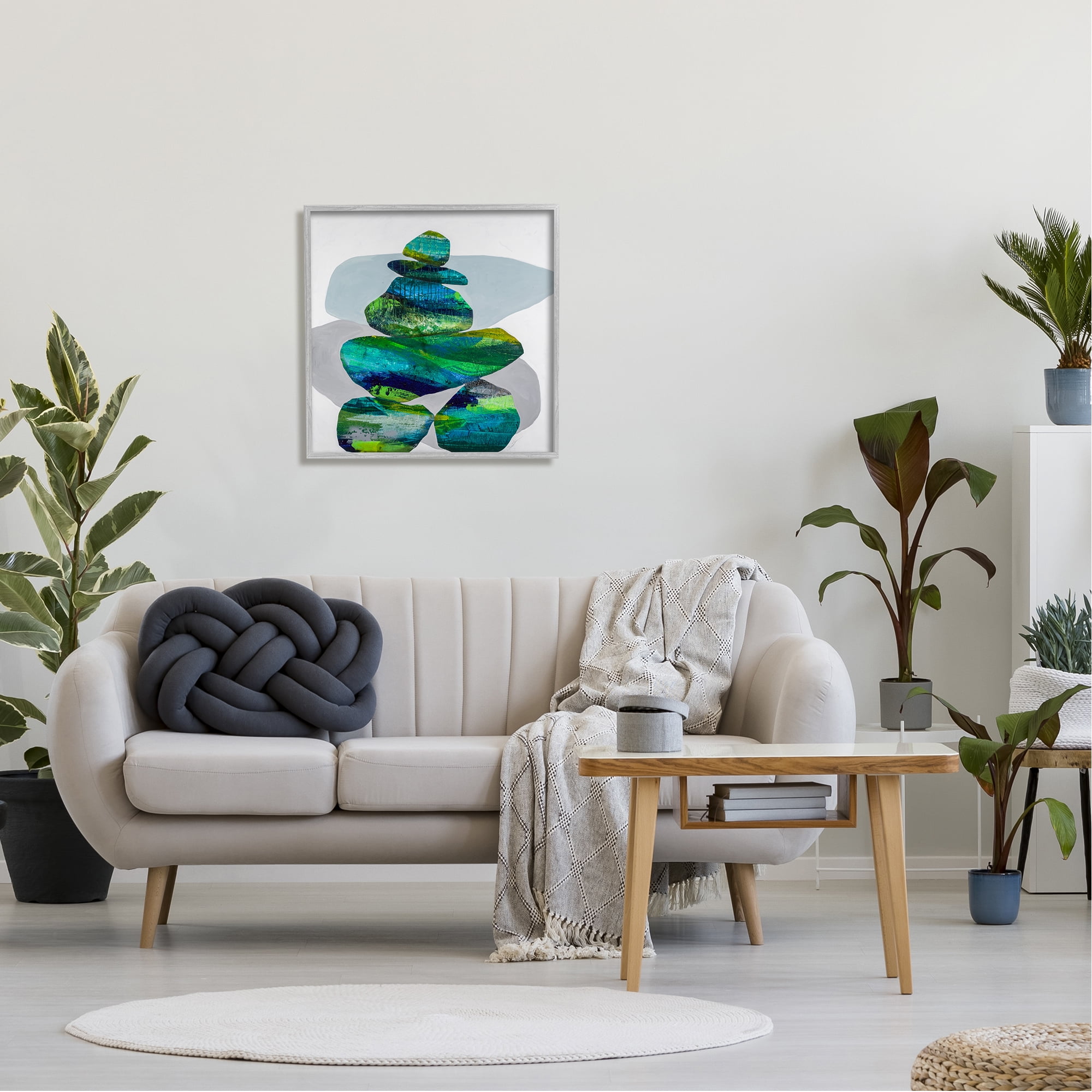 Stupell Vivid Aqua Zen Balancing Rocks Abstract Painting Gray Framed Art Print Wall Art