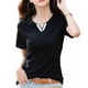 thumbnail image 2 of Camiseta de cuello en V de manga corta, corte ajustado, color puro, suave, cómoda, de algodón y poliéster, para mujer, camisetas de verano para uso diario, color negro L, 2 of 12