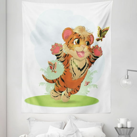 Cartoon Tapestry, Cub Playing with Butterflies in the Meadow Joyful Lively Tiger Cat, Fabric Wall Hanging Decor for Bedroom Living Room Dorm, 5 Sizes, Orange Cream Green, by Ambesonne