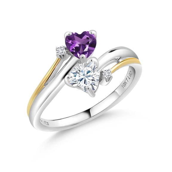 Gem Stone King 925 Silver and 10K Yellow Gold Ring Amethyst Moissanite (0.86 Cttw)