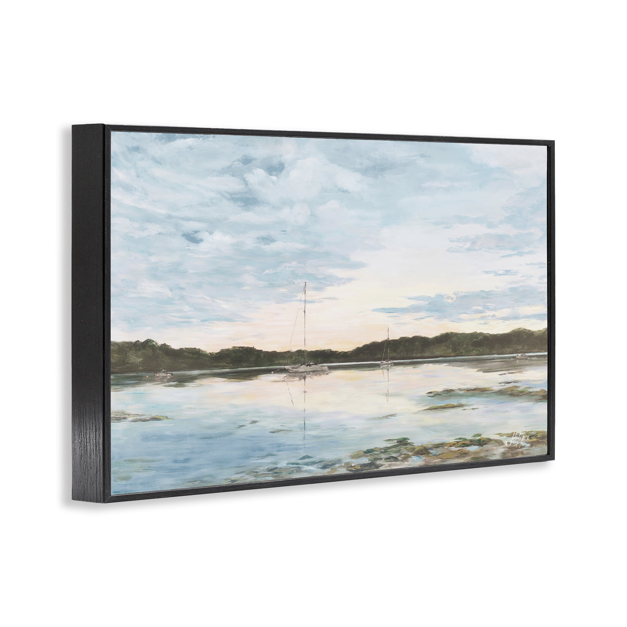 Stupell Industries Quiet Day on Lake Landscape Painting Black Framed Art Print Wall Art, 18 x 12