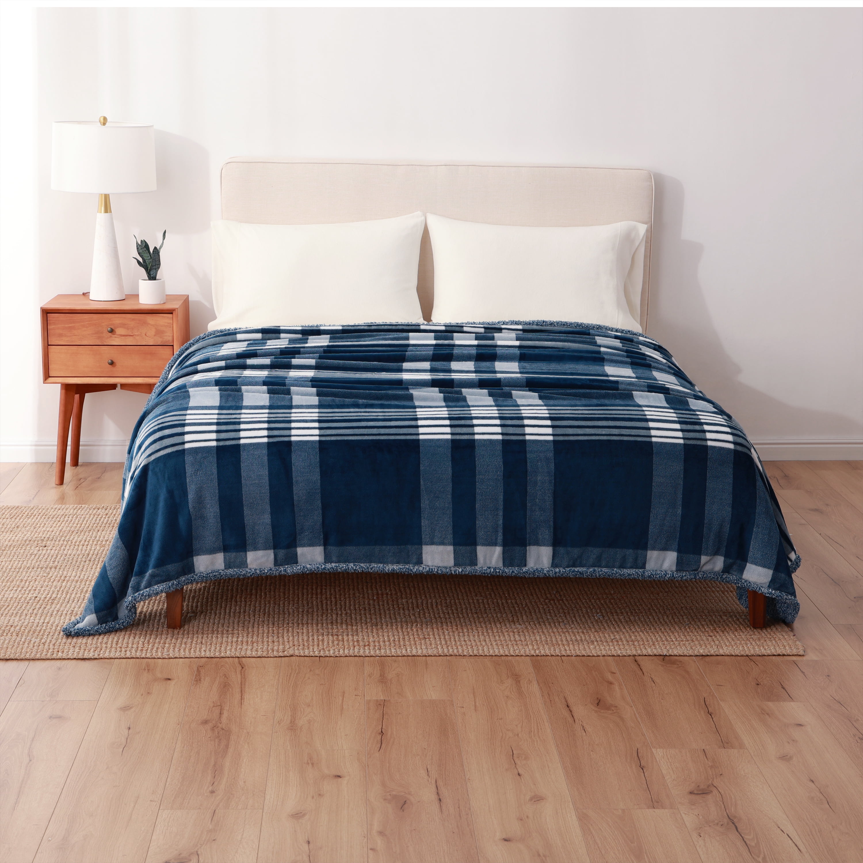 Berkshire Blanket Blue White Multi Color Plaid Sherpa Velvet