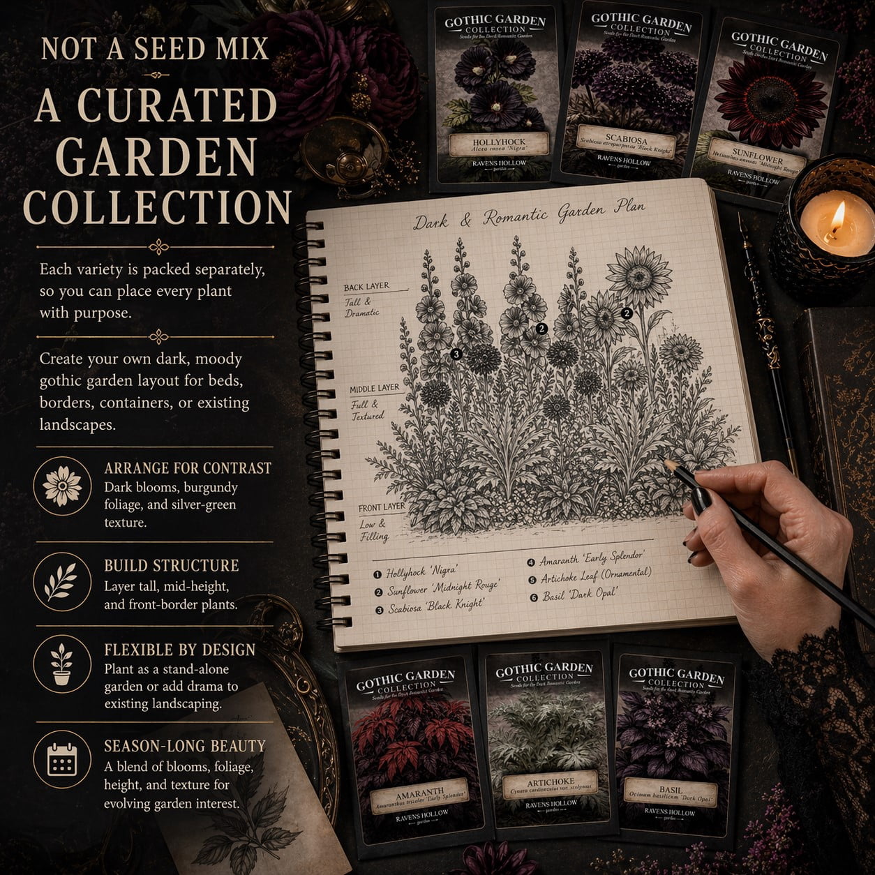 Ravens Hollow Garden Gothic Garden Seed Collection, 6 Open-Pollinated Flower & Foliage Varieties