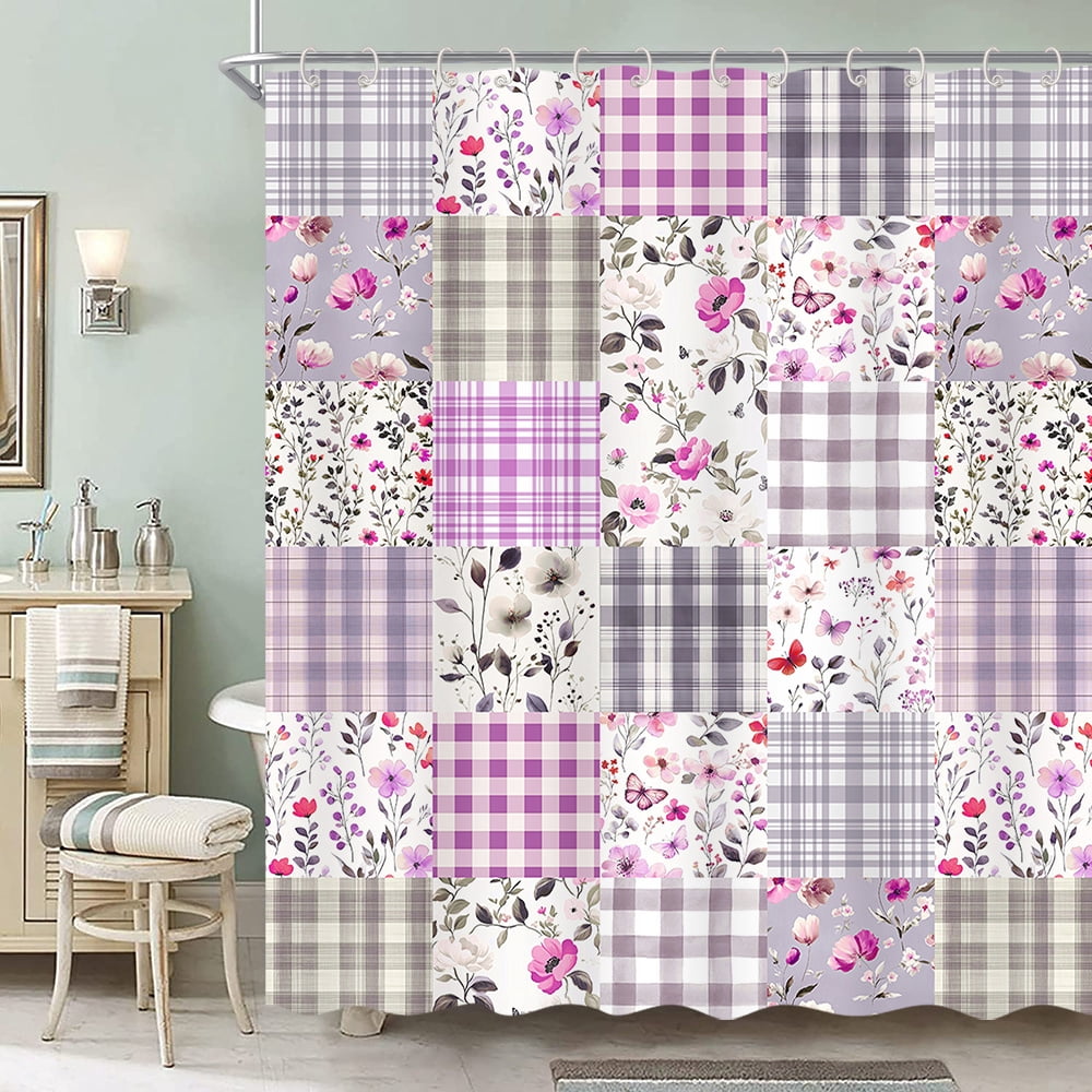 Cute Plaid Floral Shower Curtain, Boho Purple Pink Flower Fabric Shower Curtains for Bathroom, Retro Purple Pink Floral Checkered Patchwork Bath Curtain Set Washable Waterproof with 12Hooks,72X72in