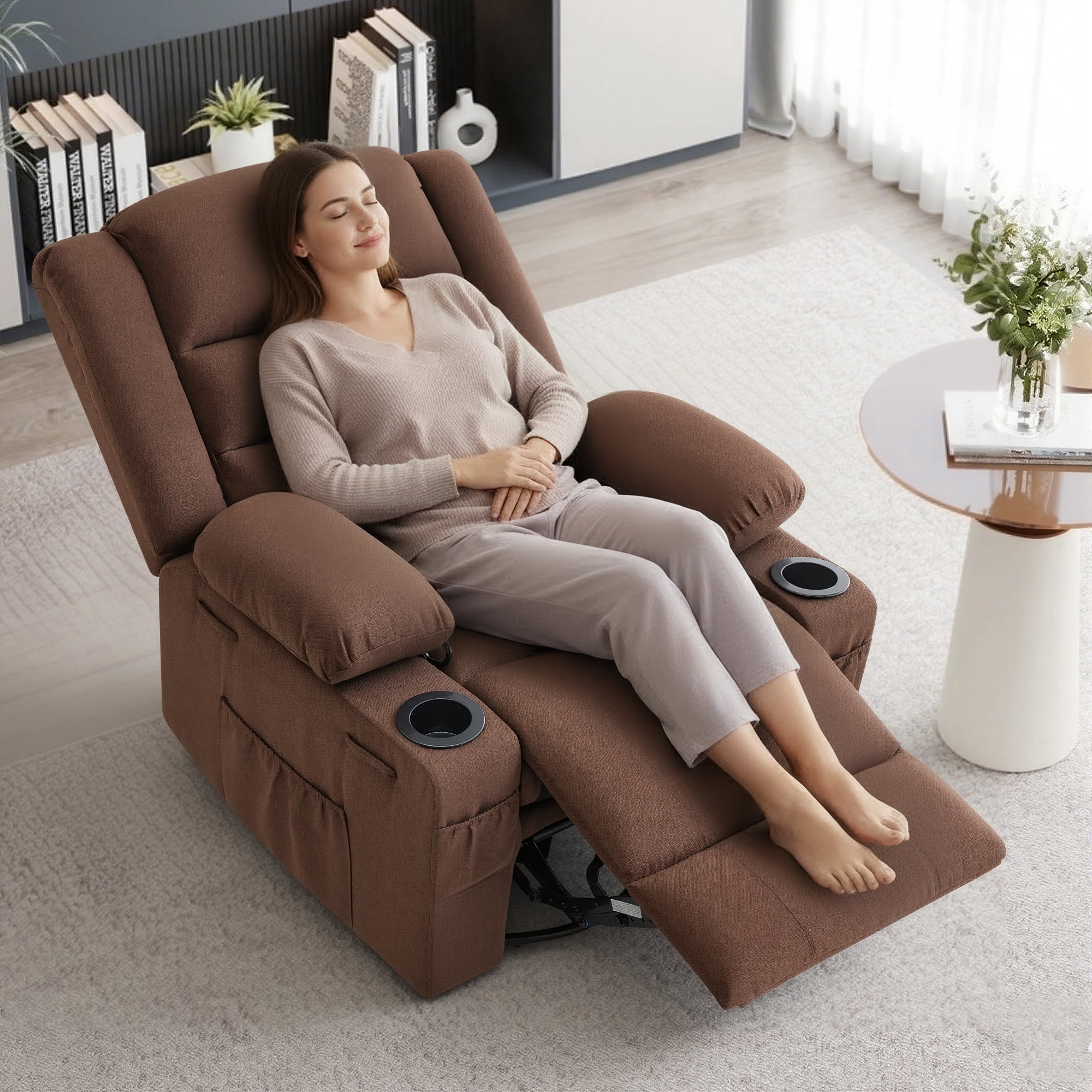 GAOHAPY Rocker Recliner Chair,360° Swivel Recliner Chair for Adults,Oversized Single Sofa Seat with Cup Holders,Recliner Single Sofa with Side Pocket(Brown)