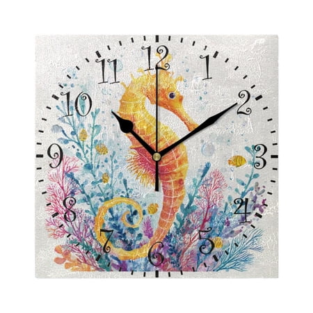 7.78in Square Artistic Wall Clock Dual-Purpose Tabletop & Hanging Decor Silent Non-Ticking Clocks for Home Office Seahorse and Coral