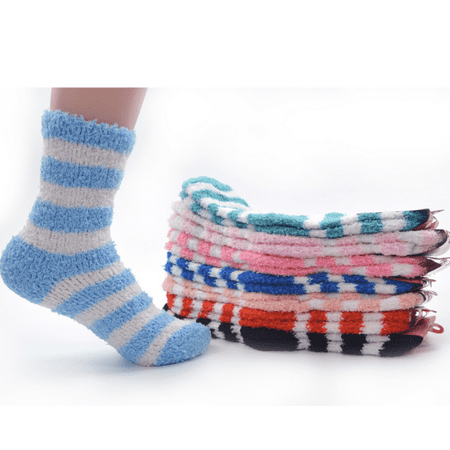 Coxeer 6 Pairs Womens Winter Warm Towel Socks Thickened Stripes Terry Socks Comfortable Soft Half Cashmere Socks (Random