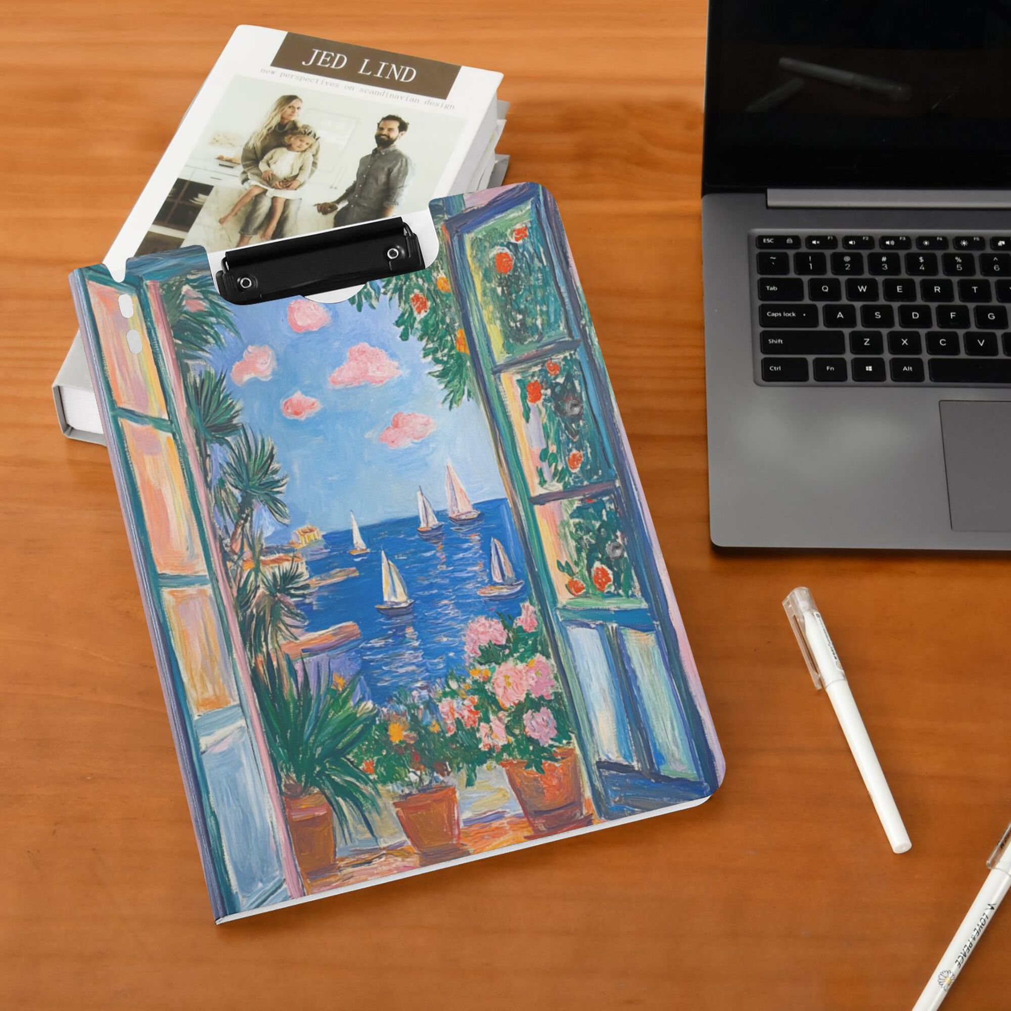 FORMRS A4 Clipboard Folder with Pen Holder Horizontal Foldable School Office Binder, Sea Window
