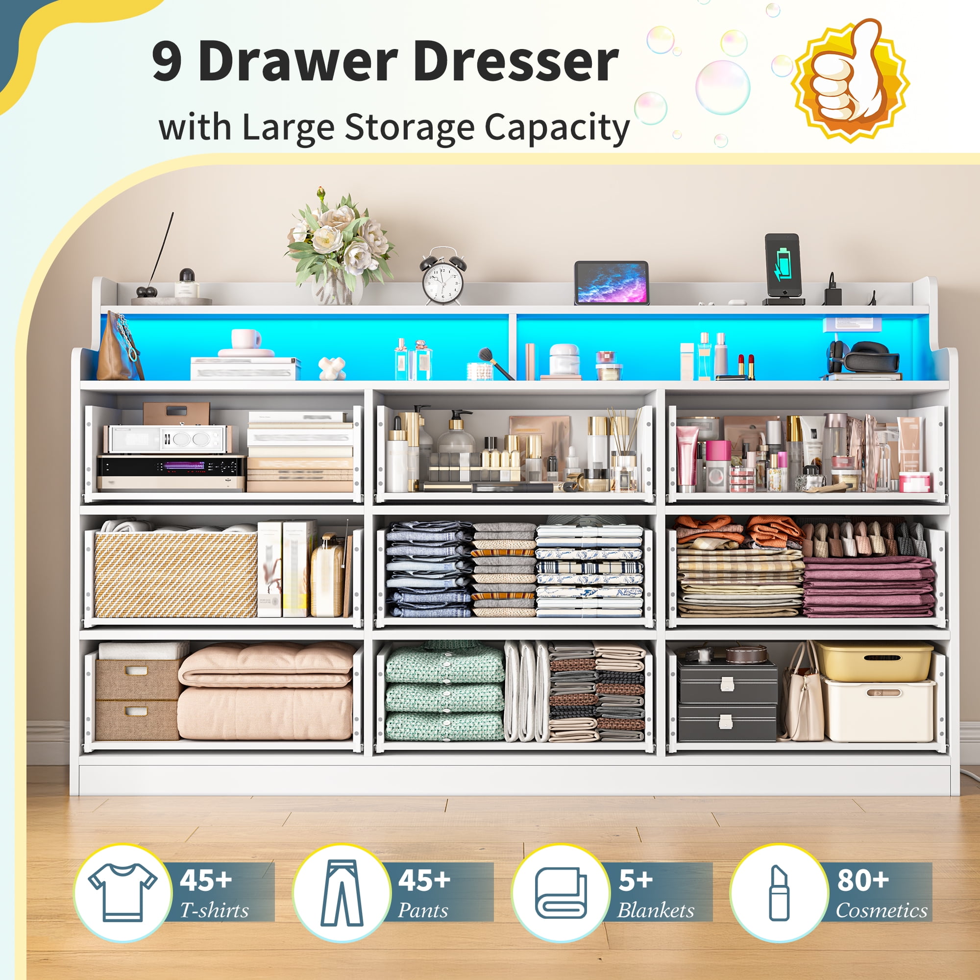 EnHomee 9 Drawer Dressers for Bedroom with LED Light,Wood Chests of Drawers with Charging Station, White