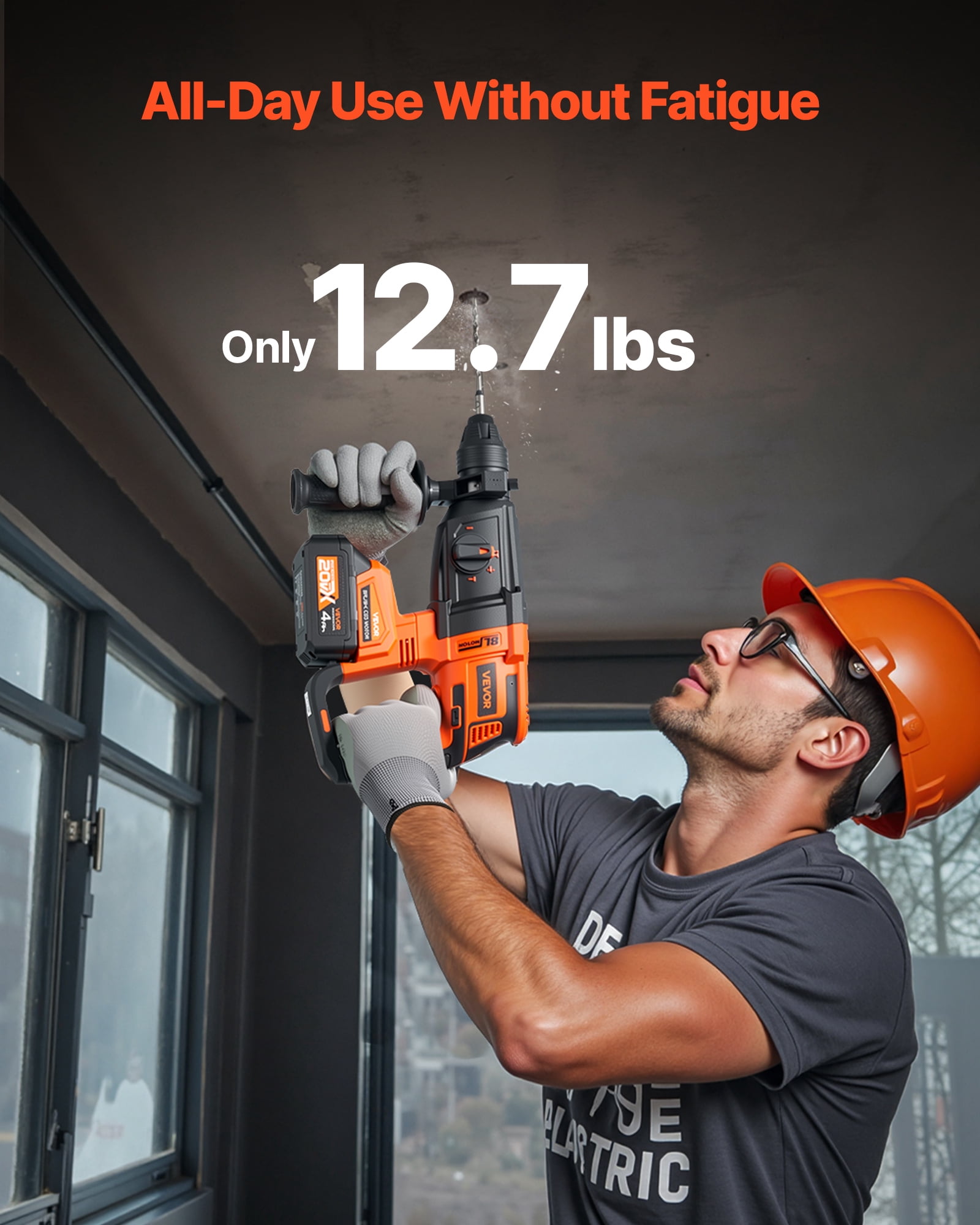 VEVOR 20V Brushless Cordless Hammer Drill, Lithium-Ion 1 Inch Rotary Hammer Driver, SDS-Plus Electric Lightweight Power Tool Kit with Battery and Charger, 4 Functions, 1200 RPM, 5300 BPM