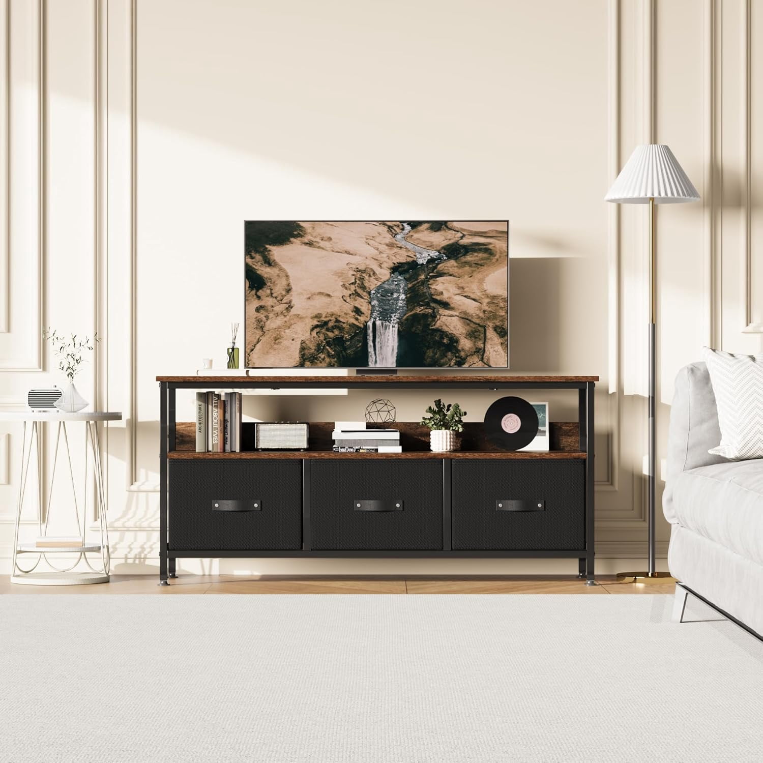 Hetoy Wooden TV Stand with 3 Drawers and Shelves – Stylish Low Profile Cabinet for TVs Up to 55 Inches, Perfect for Living Room Organization,Vintage Black