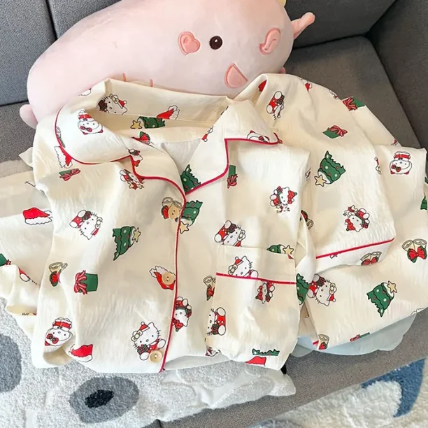 Lindo pijama navideño de dibujos animados KT gato niña primavera y otoño estilo ins pantalones de manga larga se pueden usar como ropa para el hogar