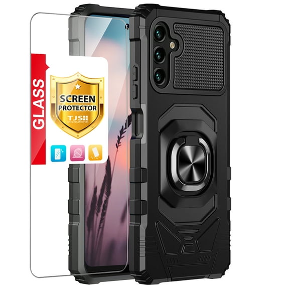 TJS for Samsung Galaxy A14 5G Phone Case, with Tempered Glass Screen Protector, [Military Grade] Robotic Magnetic Support Car Mount Metal Ring Holder Kickstand Cover for Galaxy A14 5G (Black)