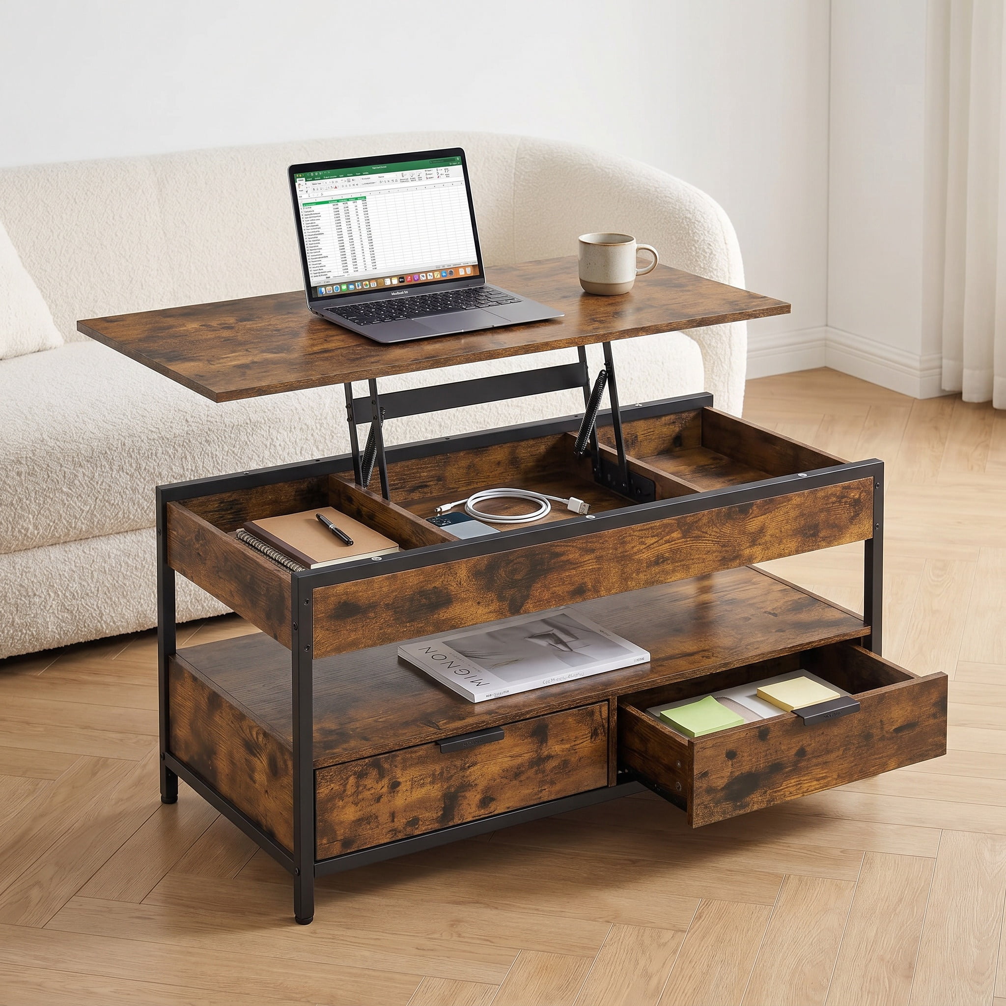 Nordic Hygge 40" Height-Adjustable Living Room Center Table with 2 Storage Drawers and Open Compartment, Vintage Brown Ink Black
