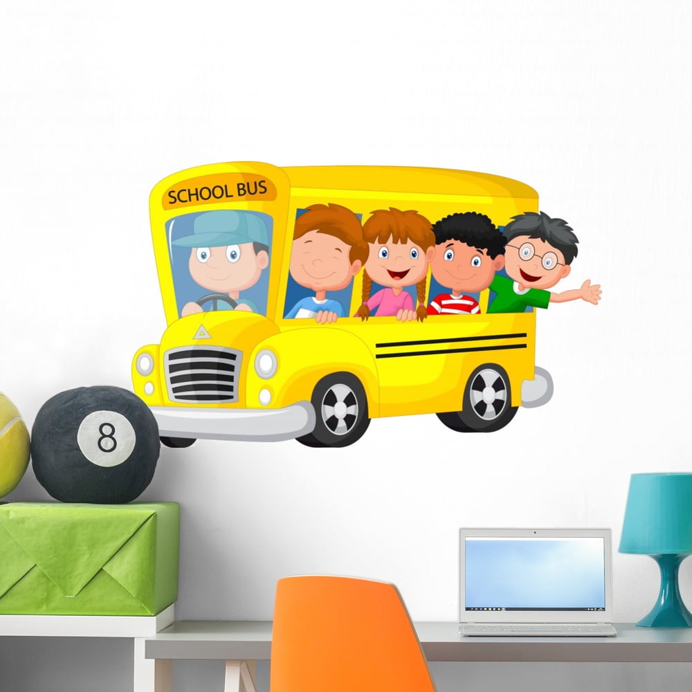 School Bus with Happy Wall Mural by Wallmonkeys Peel and Stick Graphic