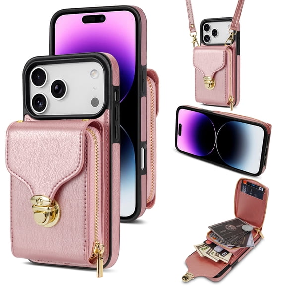 Feishell Crossbody Wallet Case for iPhone 17 Pro Max with Detachable Shoulder Strap,Premium PU Leather Metal Snap Zipper Pocket Credit Card Holder Kickstand Phone Case for Women Men,Rosegold