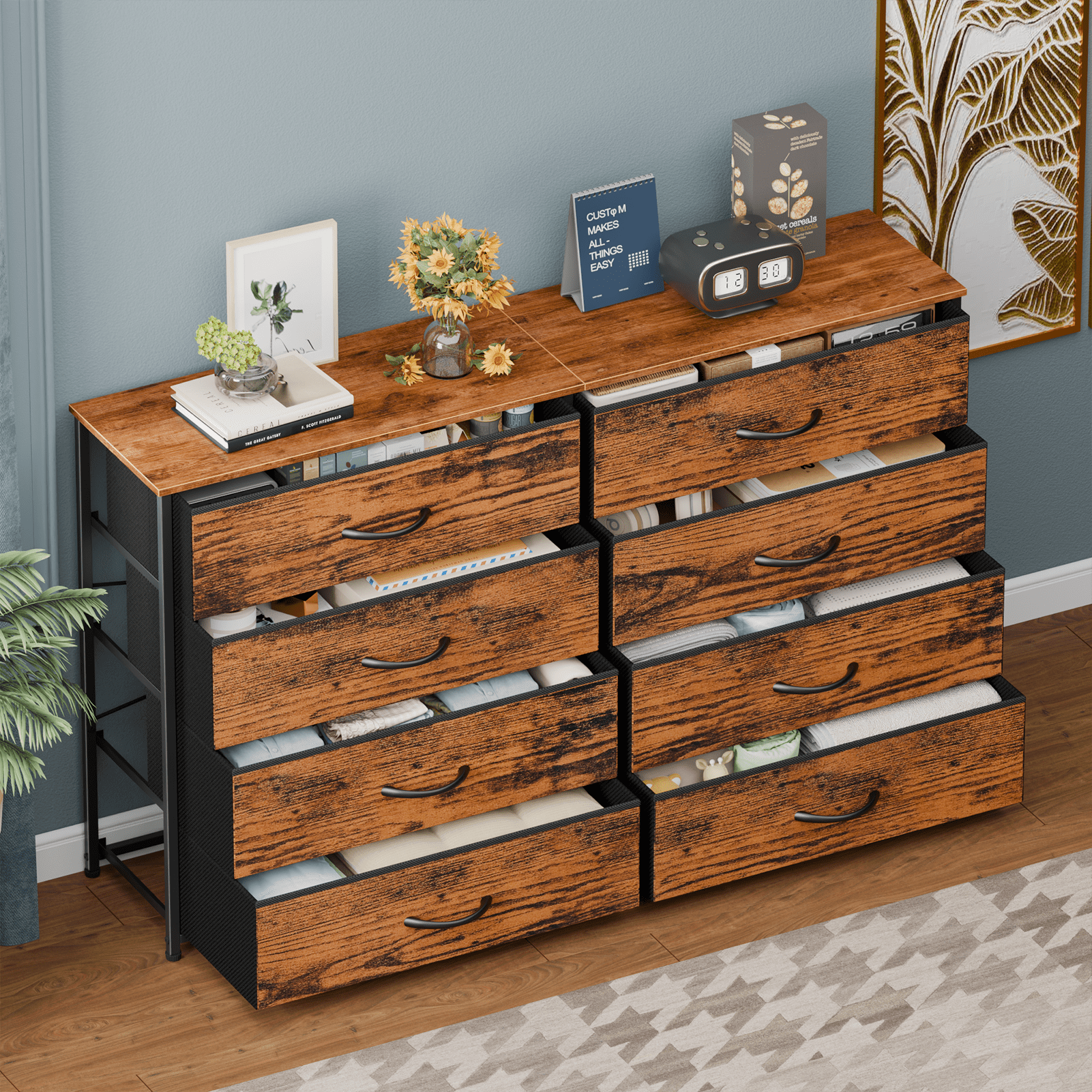 Tydimor 8 Fabric Drawers Dressers for Bedroom Wide Dresser TV Stand for 55" TVs, Chest of Drawers,Rustic Brown