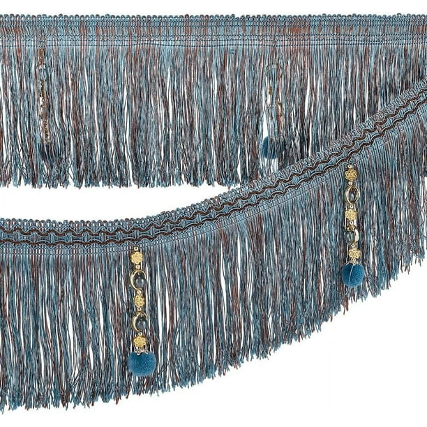 Cinta de flecos azul cielo de 4 m (4,4 yardas) con cuentas, borlas colgantes de 16,5 cm (6,5 pulgadas) de ancho, cinta de flecos de poliéster