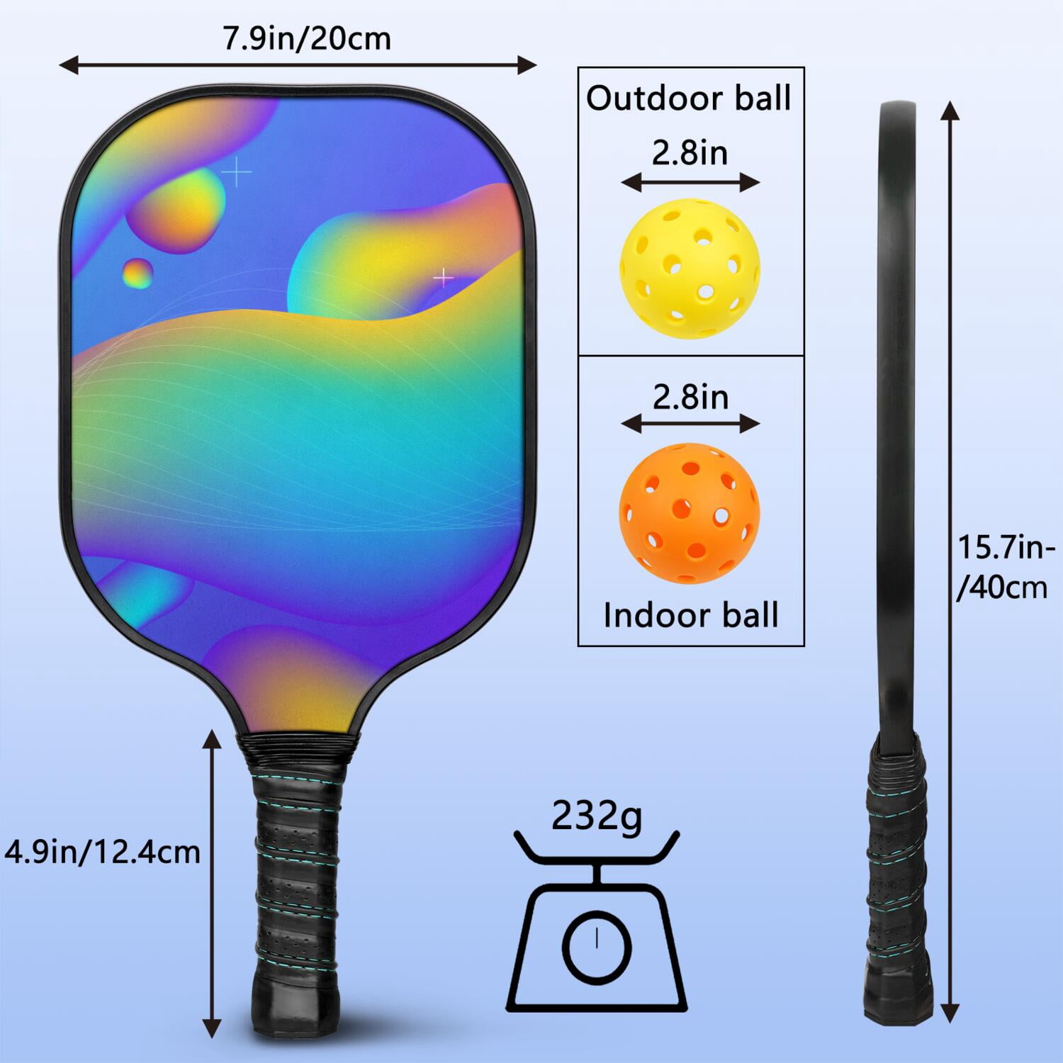 Pickleball Paddles Set Of 2, Fiberglass Surface, Neon Fluid Print, 4 Balls & Bag