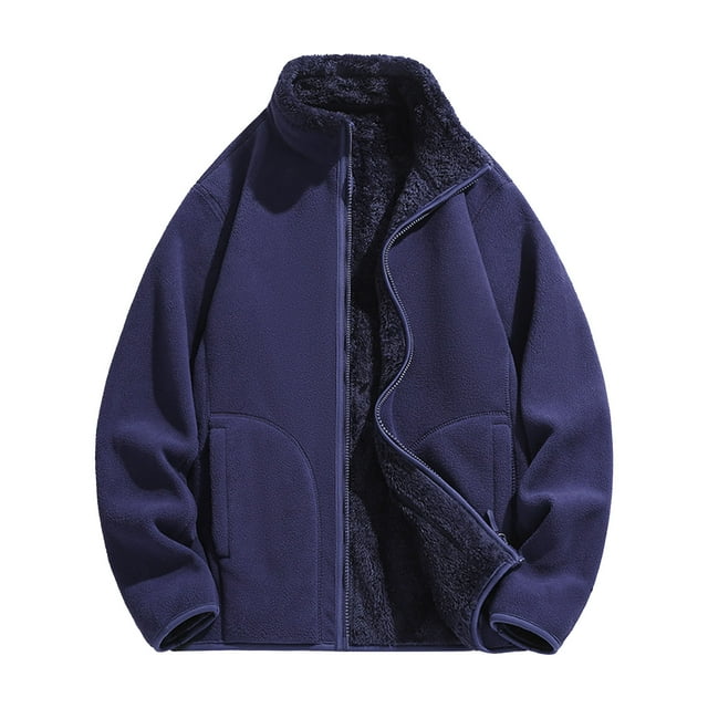 hoksml Men's Reversible Fleece Jacket Stand Collar Zip Up Solid Color Long Sleeve Casual Winter Coats with Pockets