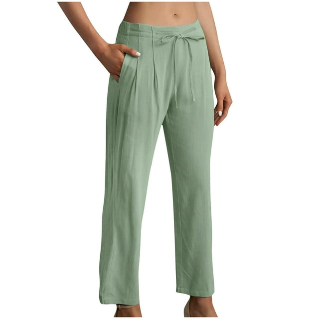 AherBiu Womens Pants High Waisted Drawstring Casual Straight Trousers Summer Lounge Pants with Pockets