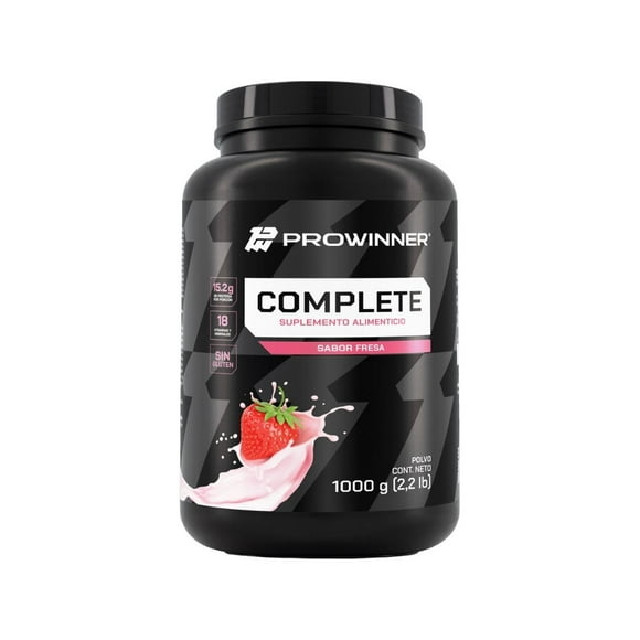 Proteína Complete Sabor Fresa, Suplemento Alimenticio, 15.19 g de Proteína por Porción con Creatina, L-Glutamina y 18 Vitaminas y Minerales, Bote de 1kg - Prowinner Prowinner PW-1247