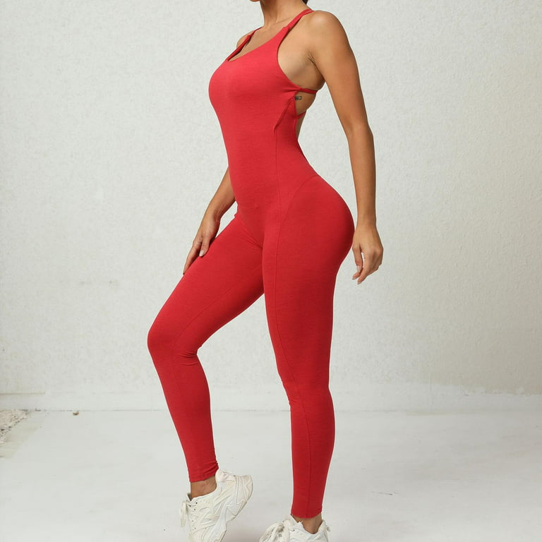 Penkiiy Yoga Pants Women's One-piece Sport Yoga Jumpsuit Running Fitness  Workout Tight Pants Red Yoga Leggings for Women