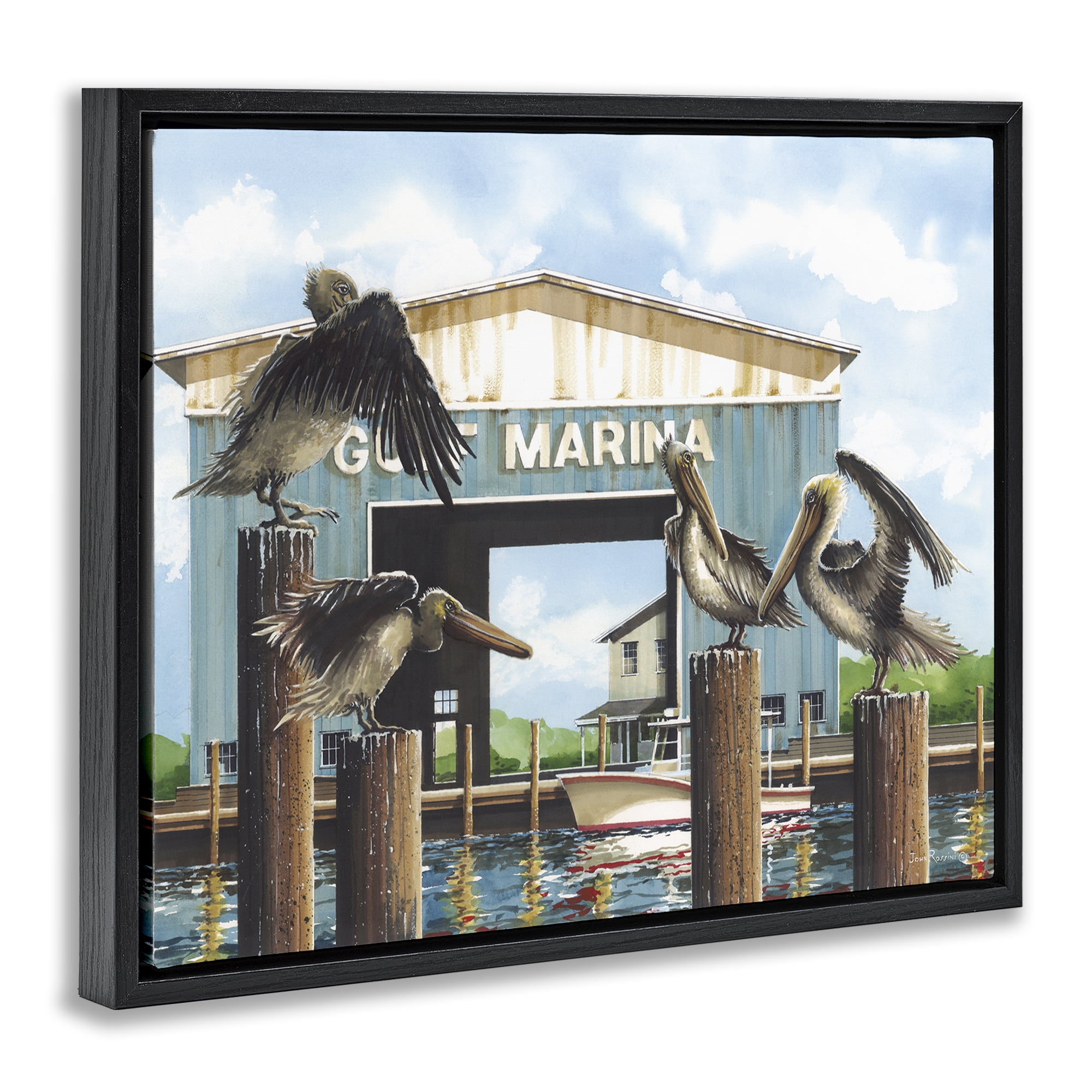 Stupell Industries Boat Marina Pelicans Nautical & Beach Painting Black Floater Framed Canvas Art Print Wall Art, 21 x 17