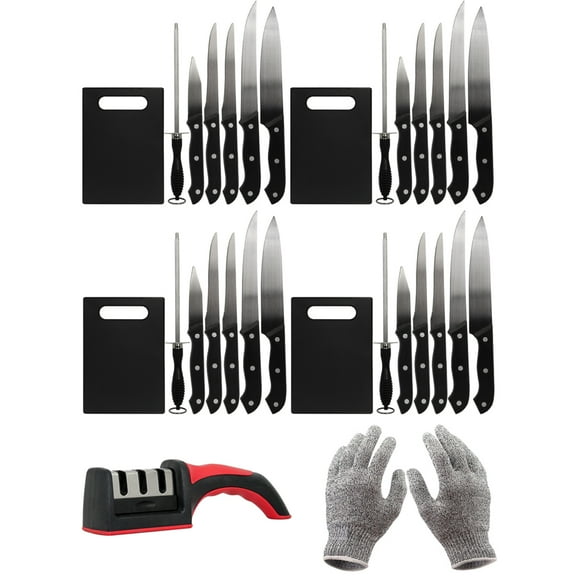Deco Essentials CK6PC 5-Piece Knife Set with Cutting Board and Sharpening Steel (4-Pack) Bundle with Deco Essentials 3 Slot Manual Knife Sharpener and Deco Gear Kitchen Safety Cut Resistant Gloves