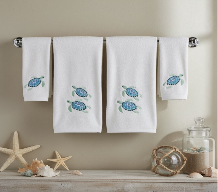 Serafina Home Summer Soft Absorbent Guest Sea Turtle Towels: Bright Aqua Blue Turquoise Embroidery Design Bundle