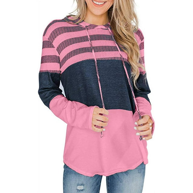 Women Sweatshirts and Hoodies Long Sleeve Drawstring Sweatshirts Color Block Striped Pullover Tops