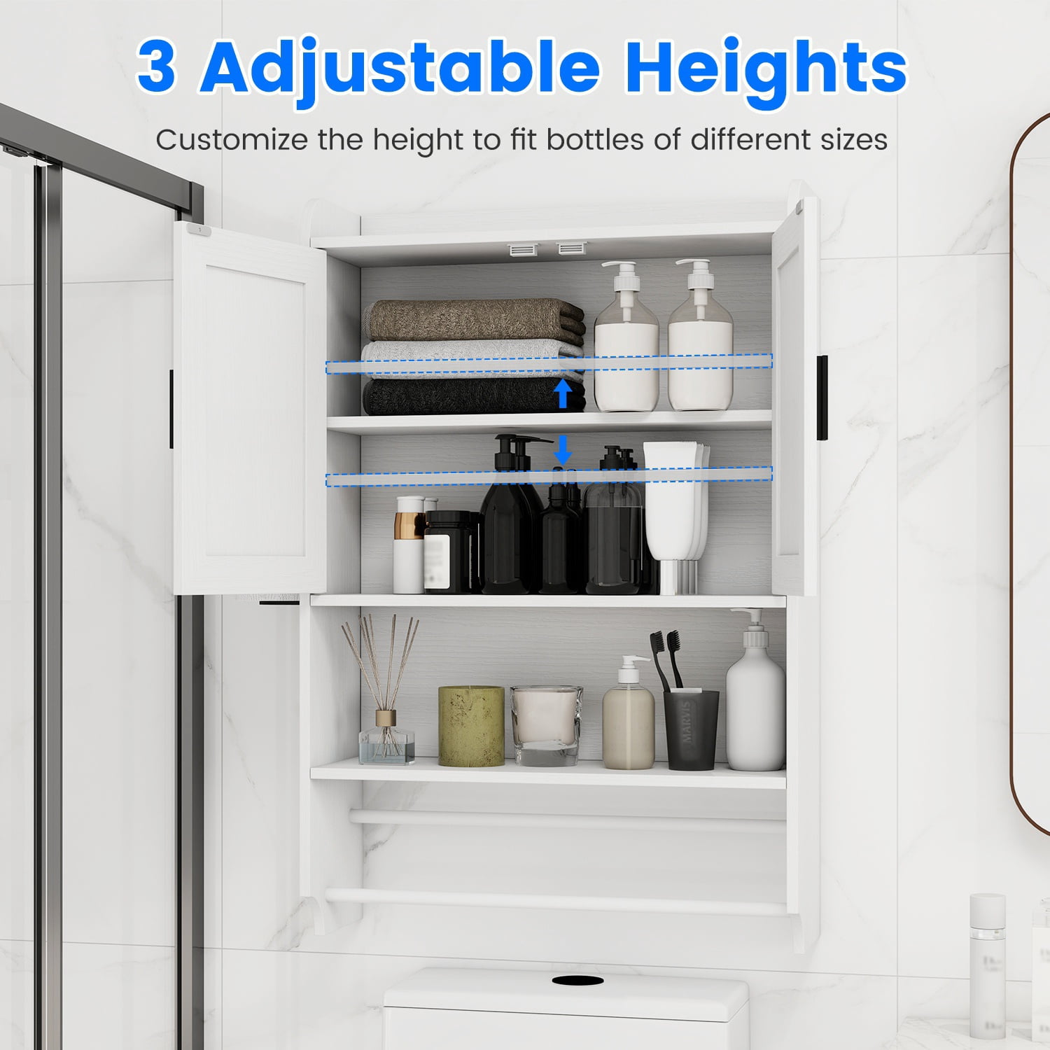 Astoutdoor Wall-Mounted Bathroom Storage Cabinet, Engineered Wood with Adjustable Shelf, Towel Bar, Toilet Paper Holder, Open Shelf, White