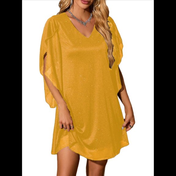 Vestido Brillante para Mujer, con Mangas Murciélago, para Cóctel y Club. Amarillo XL