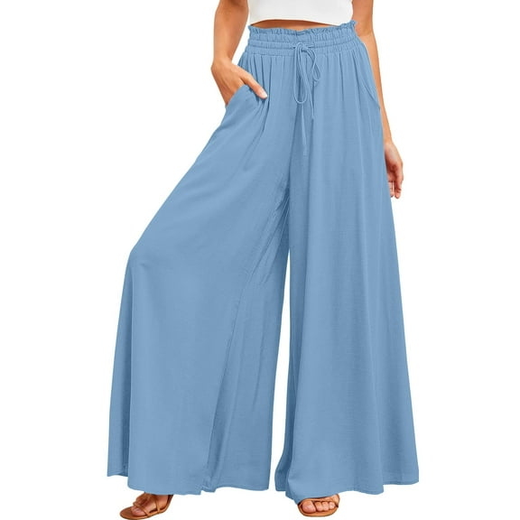 Baqcunre Women's Casual Loose Drawstring High Waisted Solid Comfortable Bohemian Pants Size S-XXL,Womens Fashion Wide Leg Pants Woman Flare Pants for Women Women's Pants Blue