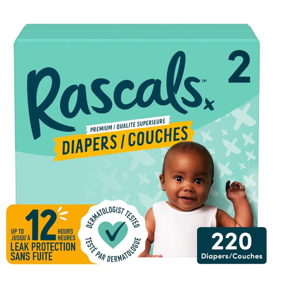 Rascals Premium Absorbent Baby Diapers, Size 2, Carton, 220 Count