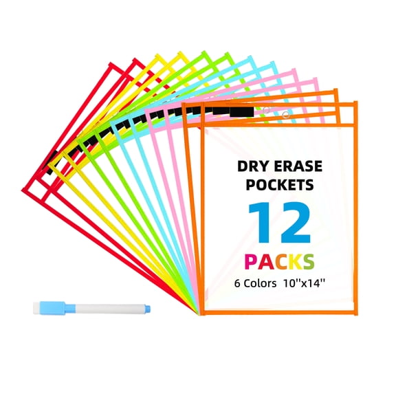 12 Pack Dry Erase Pocket Sleeves with Pen, 10x14 Holders, Assorted Colors
