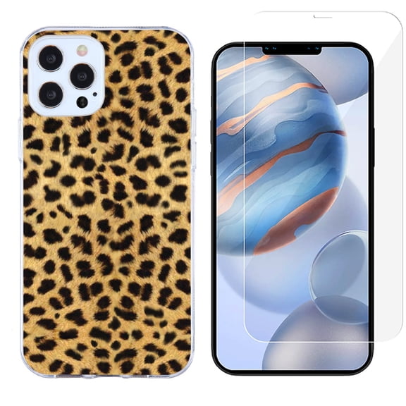 Slim-Fit Protective Phone Case compatible with iPhone 12 Pro Max, with Tempered Glass Screen Protector, by OneToughShield ® - Cheetah Gold/Black