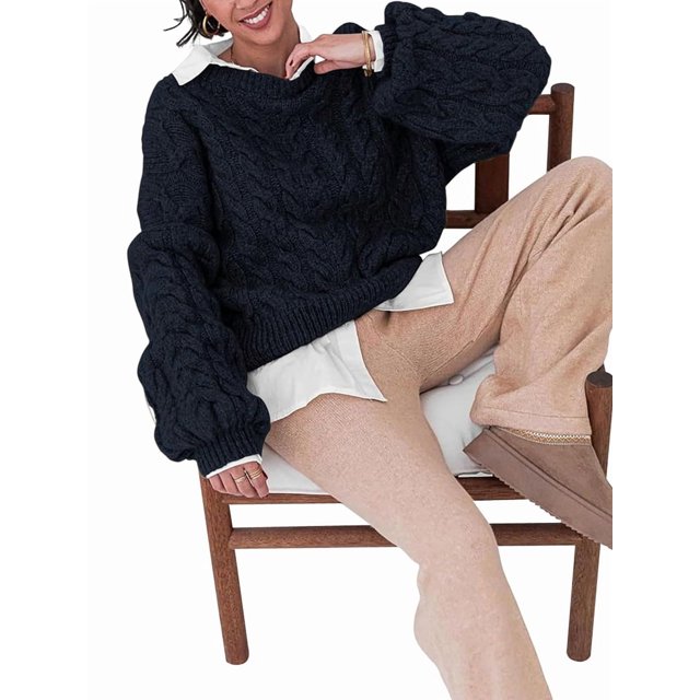 Suéteres de Mujer de Otoño, de Punto , de Larga, Cuello Redondo, Suéteres Holgados y Gruesos. Negro XL