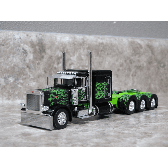 DCP 1/64 Black Lime Green Flames Tri-Axle 389 Peterbilt Semi Truck Farm Toy