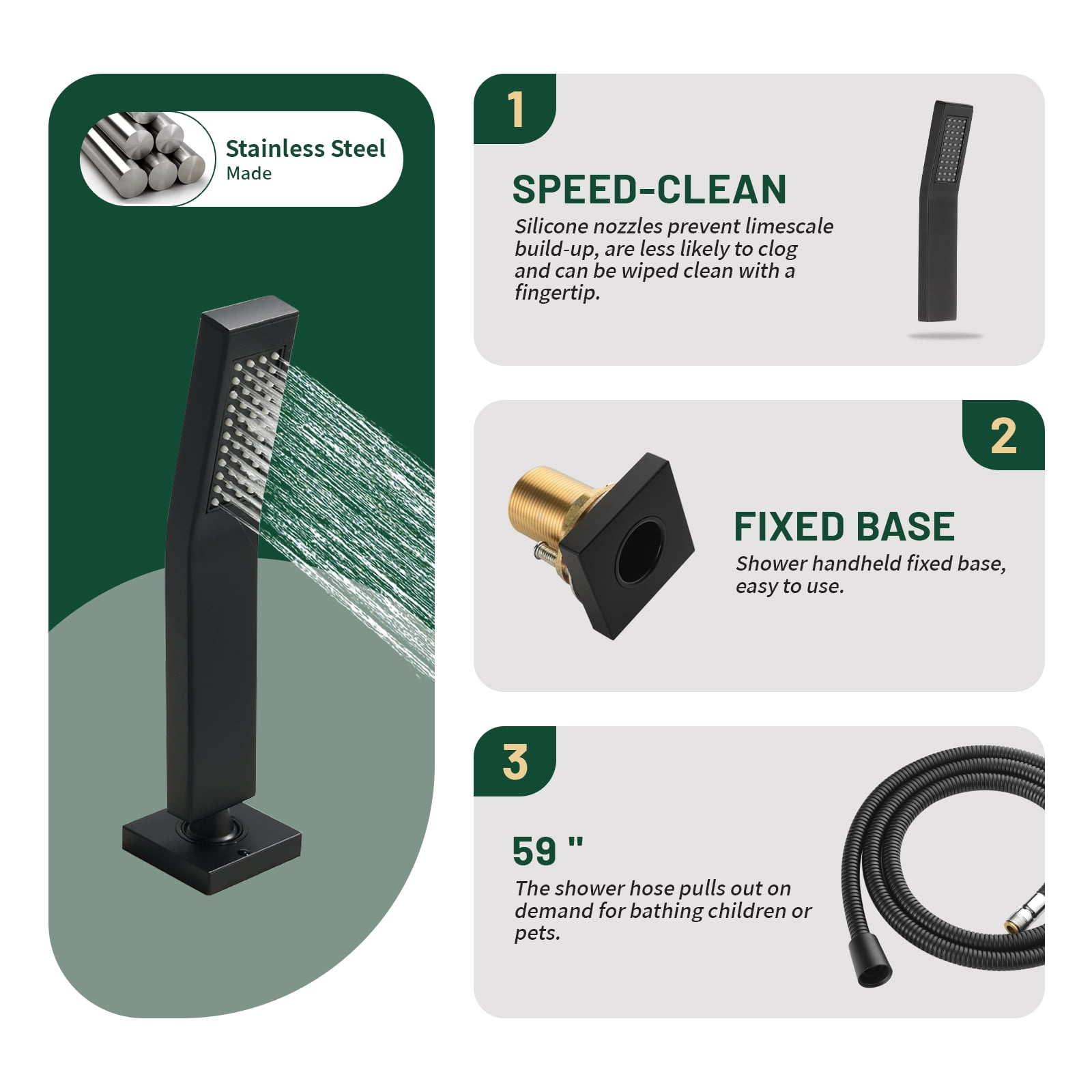 Cobbe Bathtub Faucet Set with Hot/Cold Water Switch, Diverter Knob, Handheld Shower and 4.72-Inch Wide Waterfall Spout 5-Hole Mount Matte Black