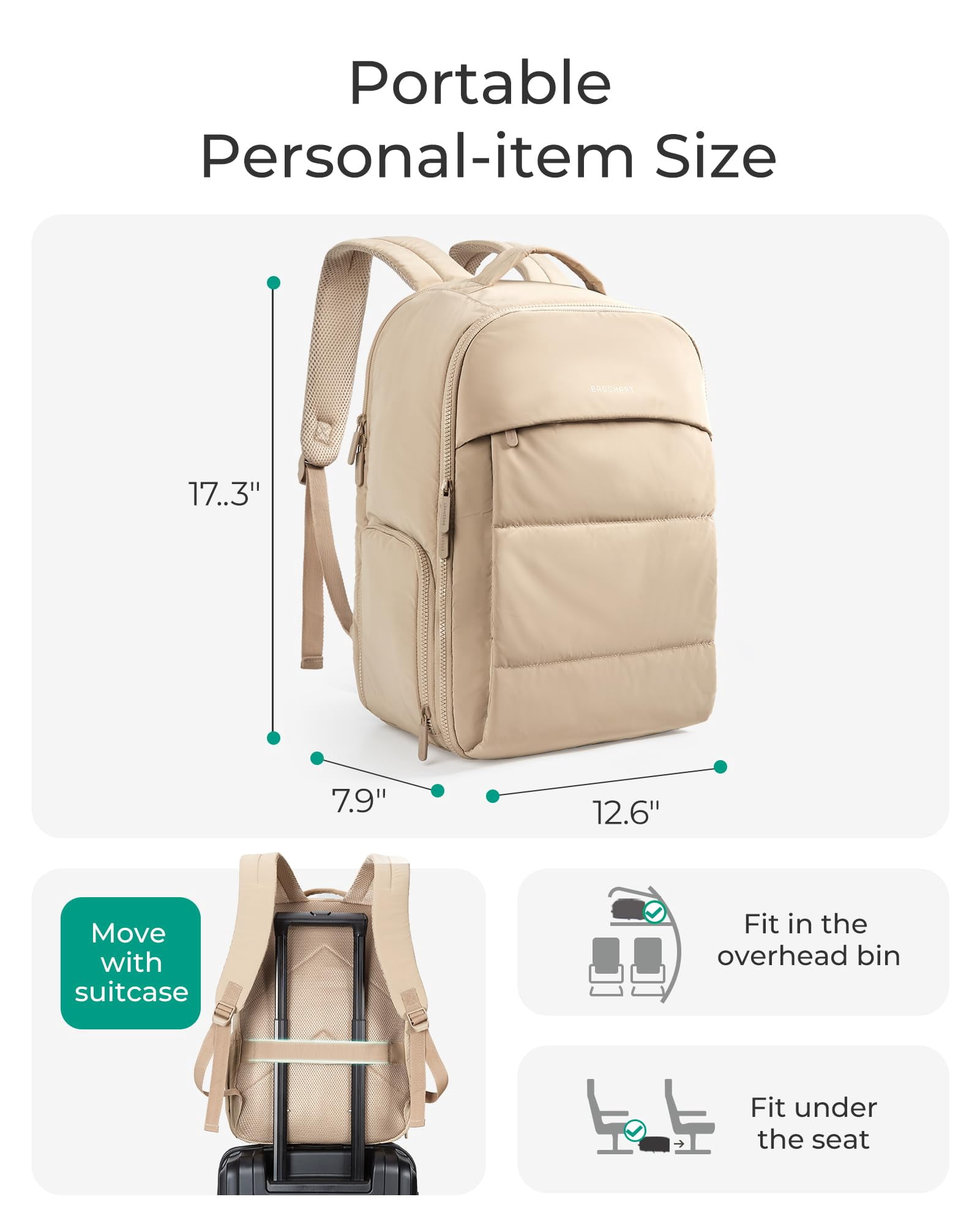 BAGSMART 30L Travel Backpack for Women, Carry on Backpack for Airplanes, Gym Backpack with Shoe Compartment, Lightweight Travel Bag Fits 15.6 Inch, Water-Resistant, Camel