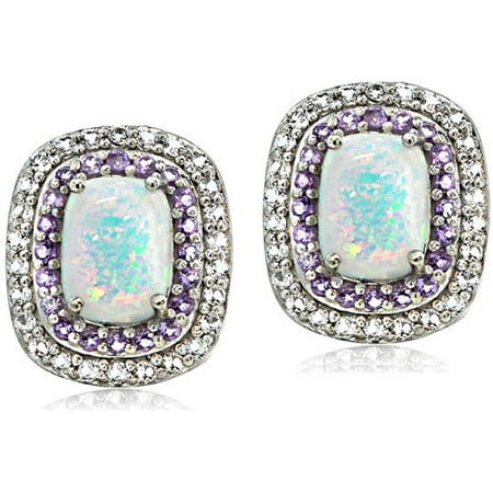 Created Opal with Amethyst and White Topaz Sterling Silver Oval Stud Earrings