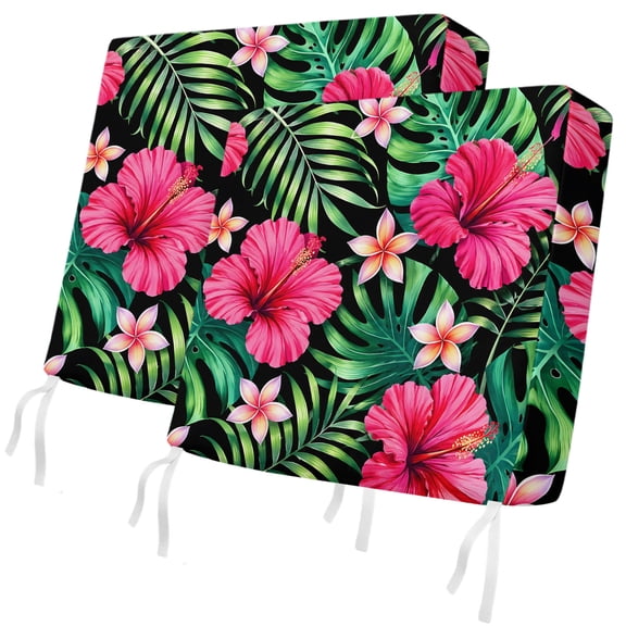Outdoor Patio Cushion Covers 2 Pack Pink Hibiscus Floral Chair Pads Slipcovers with Ties & Zipper Waterproof Seat Cover Green Palm Leaves Jungle Seat Cushion Covers for Outdoor Couch Sofa 22x20 Inch