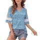 thumbnail image 4 of Camiseta con cuello en V y abertura lateral, puños de encaje sueltos, media manga, Top informal de moda para mujer, patrón azul L, 4 of 7