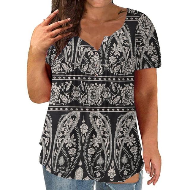 Pompotops Women Plus Size V-neck Flowers Print Button Short Sleeve Tops T-Shirt Blouse
