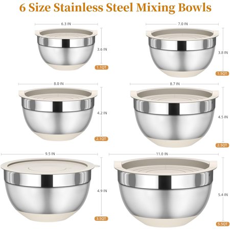 fhxbjoi Mixing Bowls with Lids Set 6 Piece Stainless Steel Nesting Storage Bowls for Kitchen with 3 Grater Attachments & Non-Slip Bottoms Size 5.5 3.5 2.5 2.1 1.5 1.1 QT