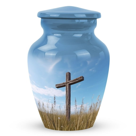 Cross Cremation Urn For Human Ashes Blue Sky - Funeral Urn For Ashes Aluminum - Suitable For Christian Cemetery Burial Or Niche - Small Size Fits Remains Adults (Size -3Inch,1Pcs)