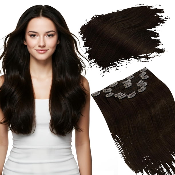 Ugeat Extensiones de cabello con clip de cabello humano de longitud corta, 16 pulgadas, extensiones de cabello marrón, clip en 7 piezas, 4.23 oz, extensiones de cabello natural con clip, marrón oscuro